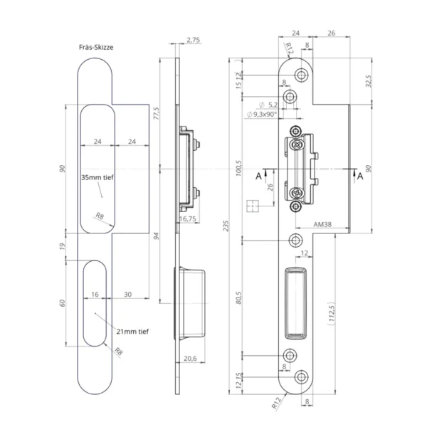 247WOOD Freesmal sluitplaat 235x24 links